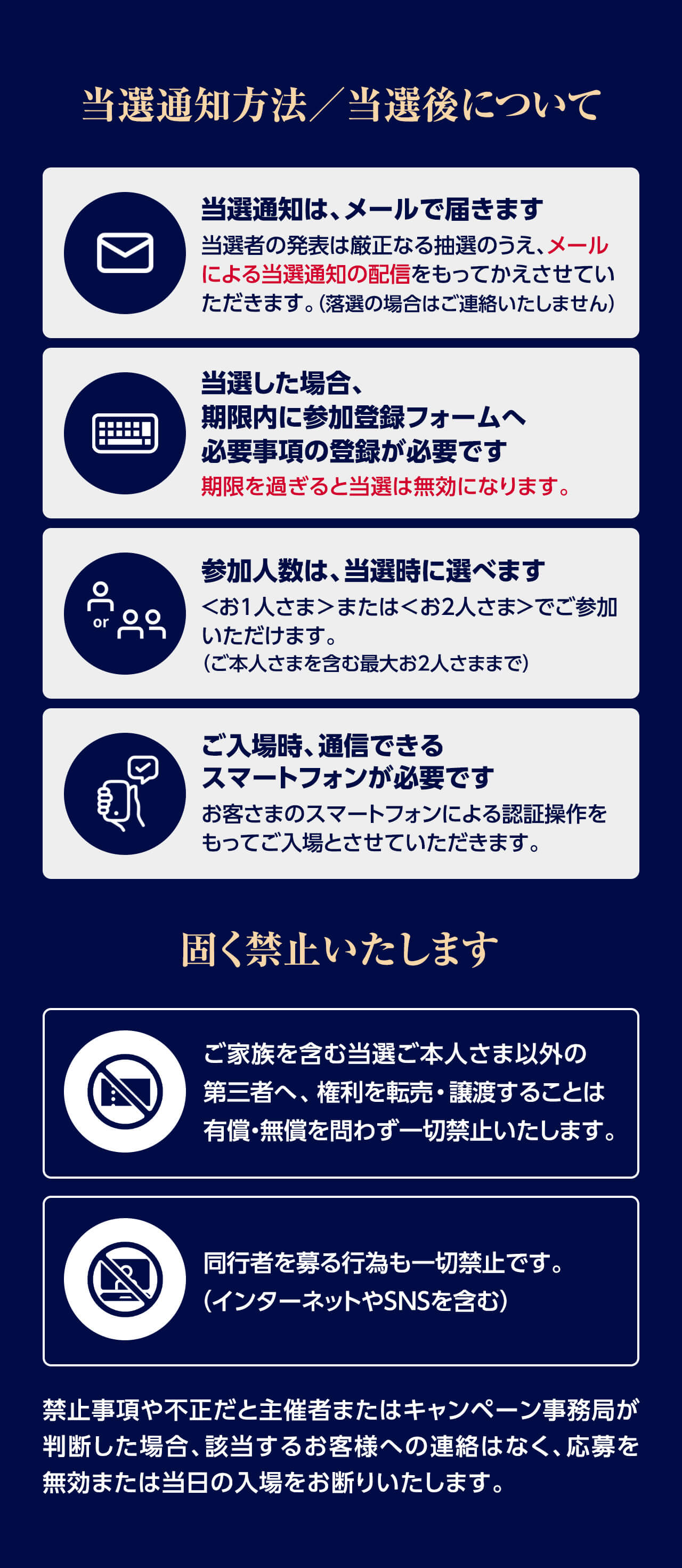 当選通知方法/当選後について・固く禁止いたします